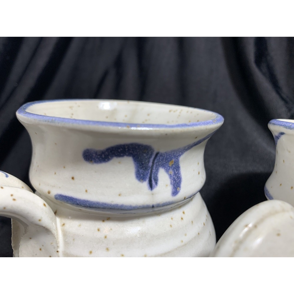 Stoneware Mugs (2) Studio Pottery  Oatmeal speckled Blue drip paint Round belly - Picture 13 of 14